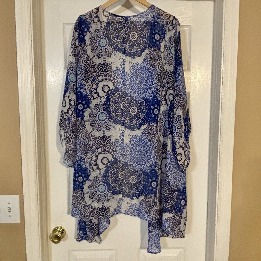 K. Jordan Boho Blue Patterned Kimono Tunic Sheer Cover Up Festival Beach Pool 5X - Picture 2 of 7